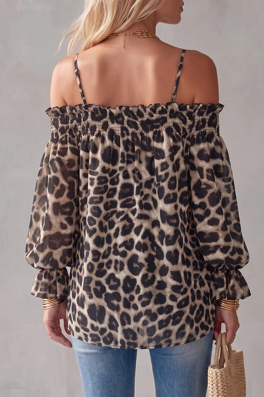 Spaghetti Strap Leopard Long Sleeve Blouse