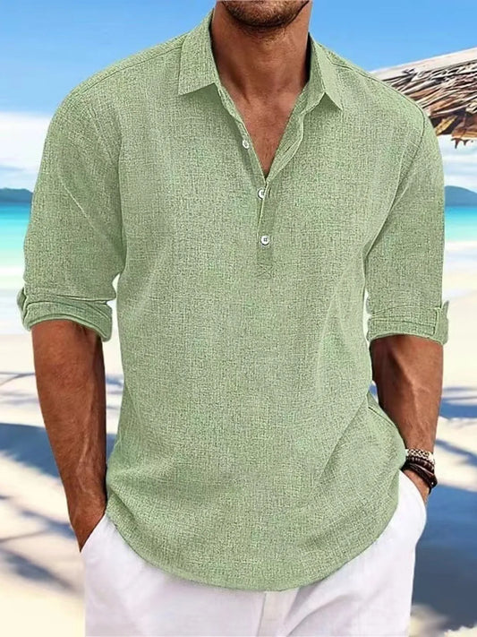Men's Full Size Casual Linen Long Sleeve Polo Shirt Plus Size
