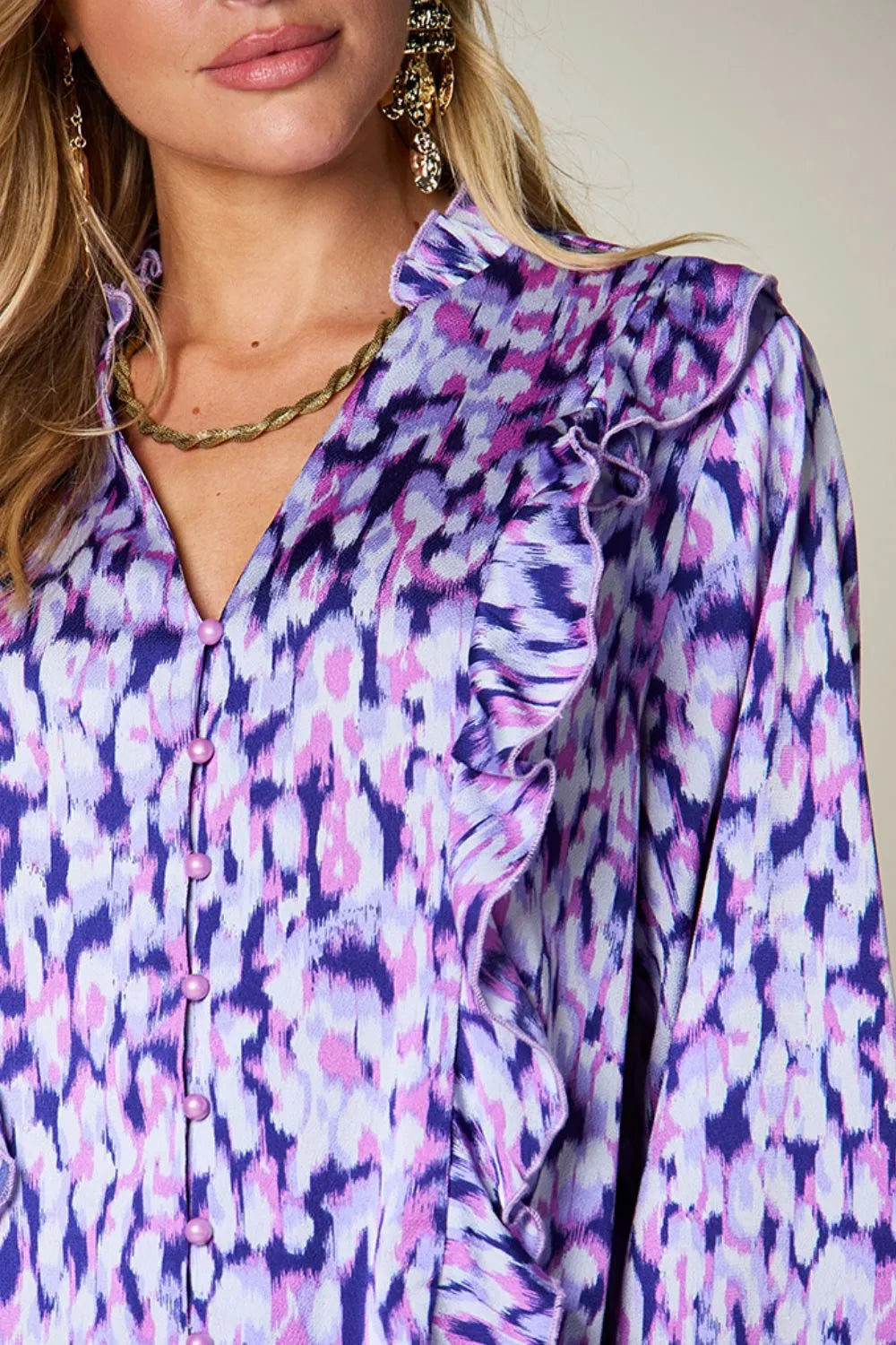 Double Take Full Size Printed Ruffle Trim Balloon Sleeve Shirt Plus Size