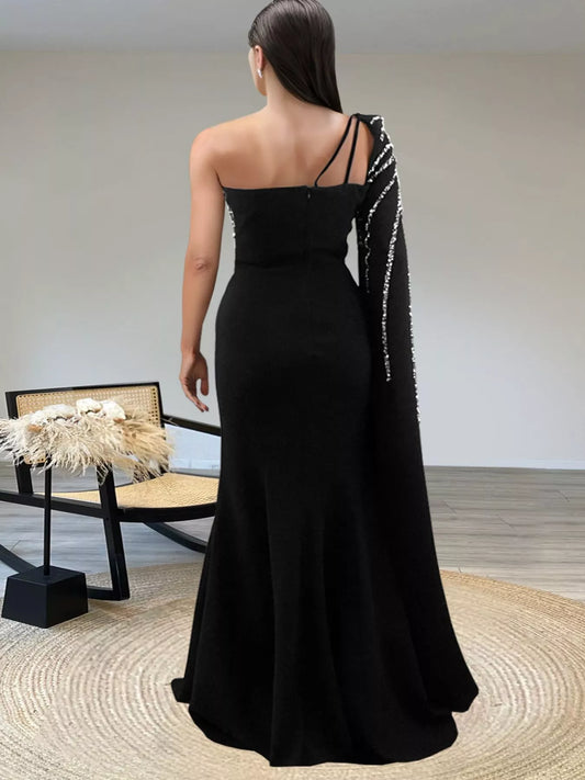 Rhinestone Pearl Detail One-Shoulder Mermaid Maxi Dress