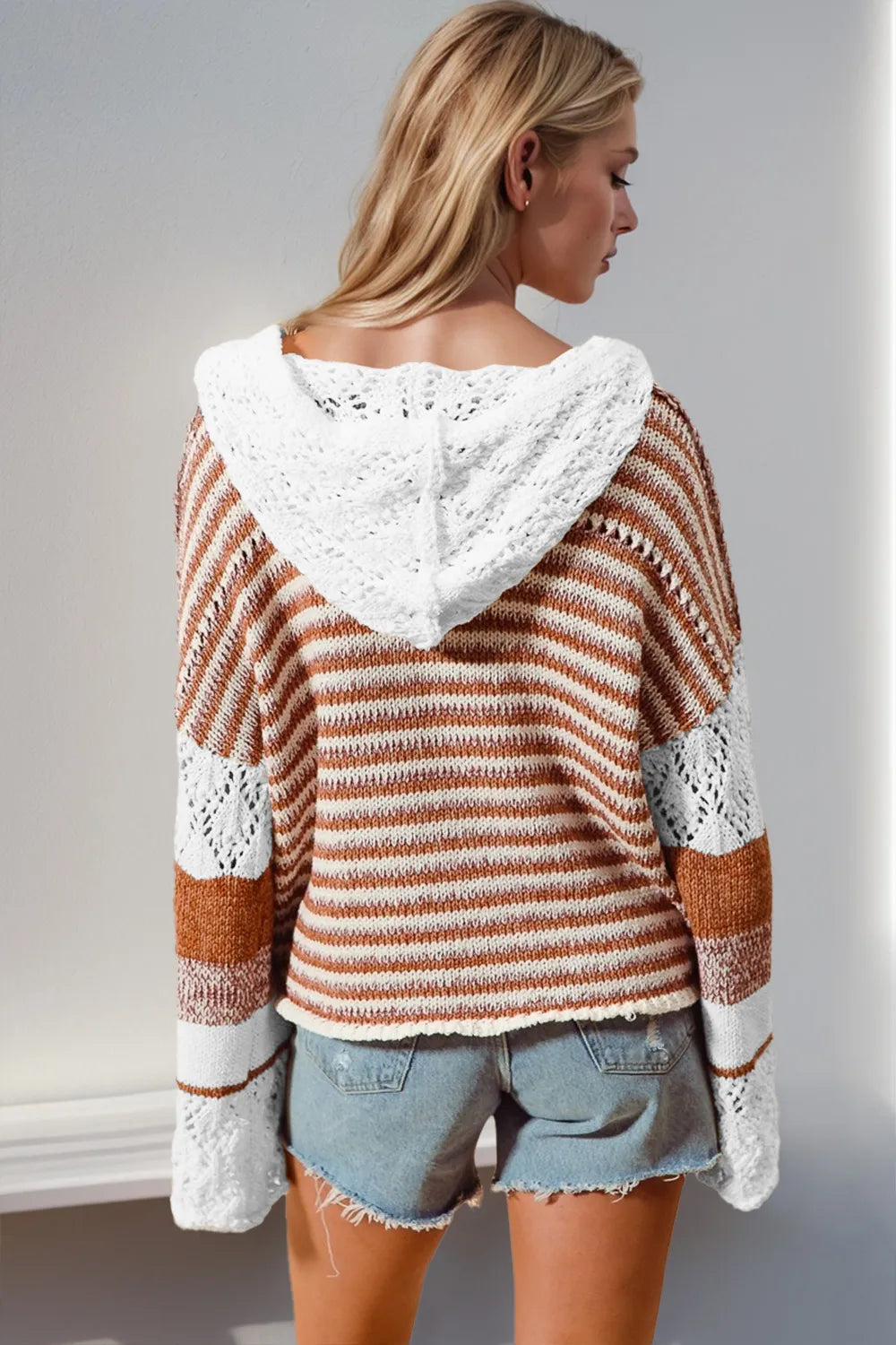 Double Take Full Size Openwork Contrast Long Sleeve Hooded Sweater Plus Size
