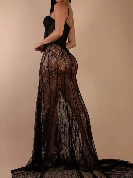 Sweetheart Neck Sheer Lace Maxi Dress