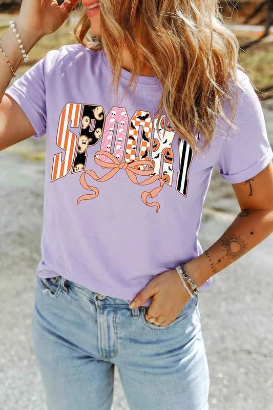Halloween Spooky Letter Graphic Round Neck Casual T Shirt
