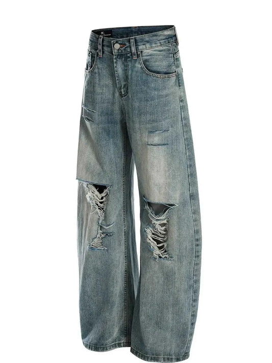 Men's Vintage Washed Distressed Wide Leg Jeans