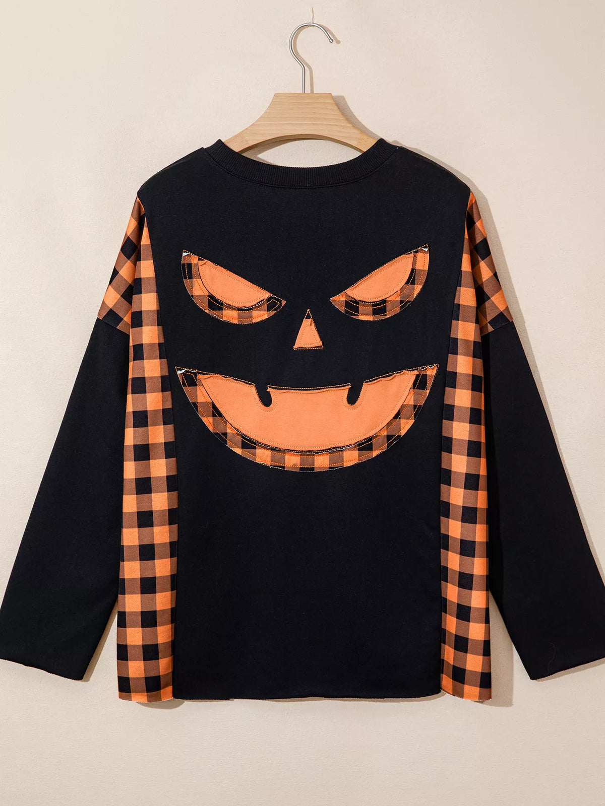 Patchwork Plaid Pumpkin Face Long Sleeve Top