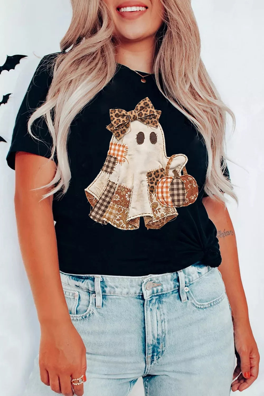 Full Size Halloween Ghost Applique Short Sleeve T-Shirt Plus Size