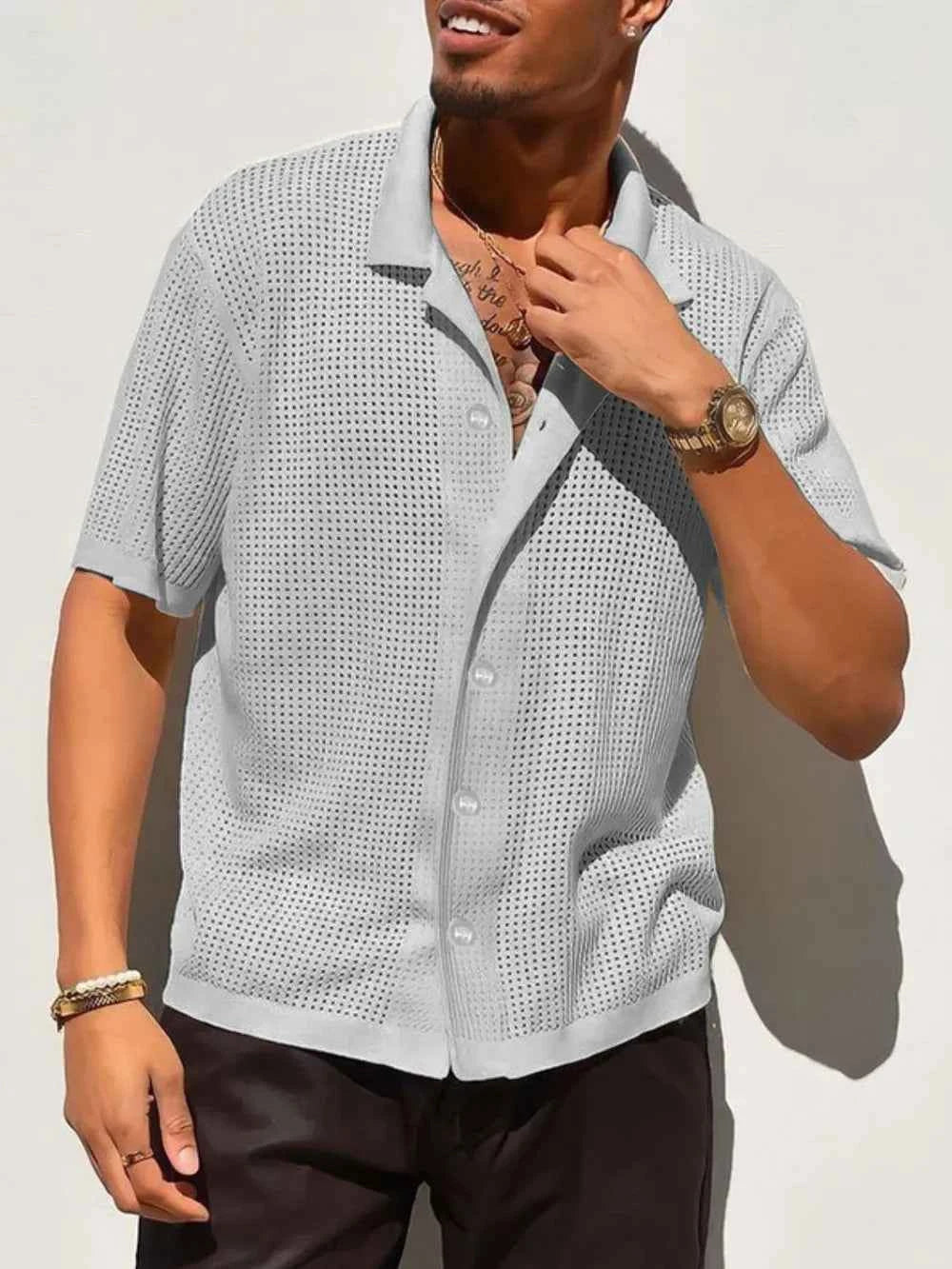 Men's Full Size Openwork Button Down Collared Neck Shirt Plus Size