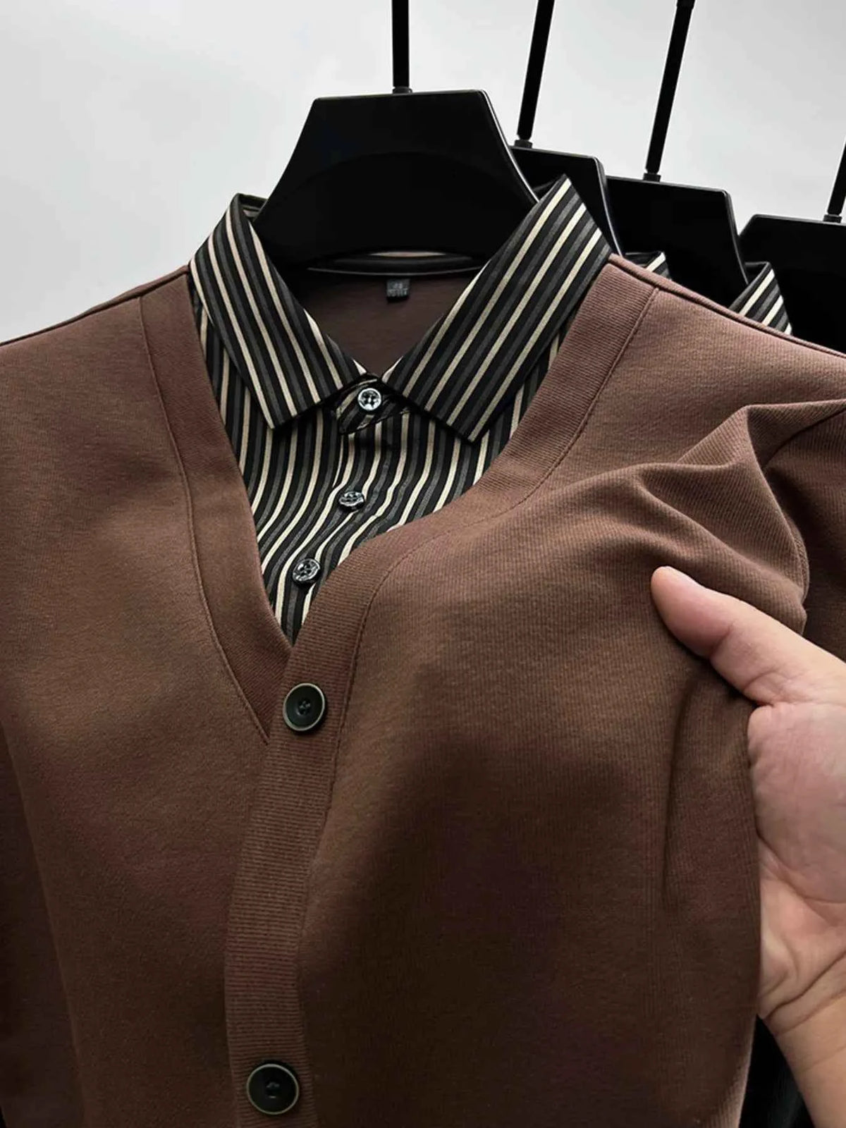 Men's Plus Size Striped Collar Detail Long Sleeve Top