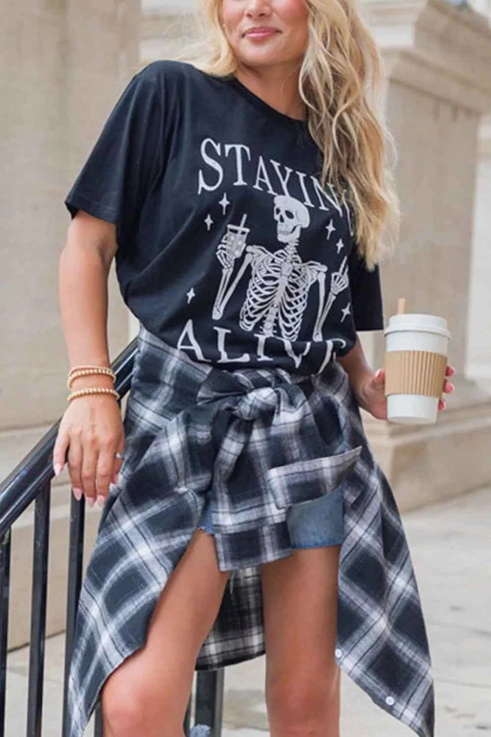 STAYING ALIVE Funny Skeleton Graphic Round Neck T Shirt