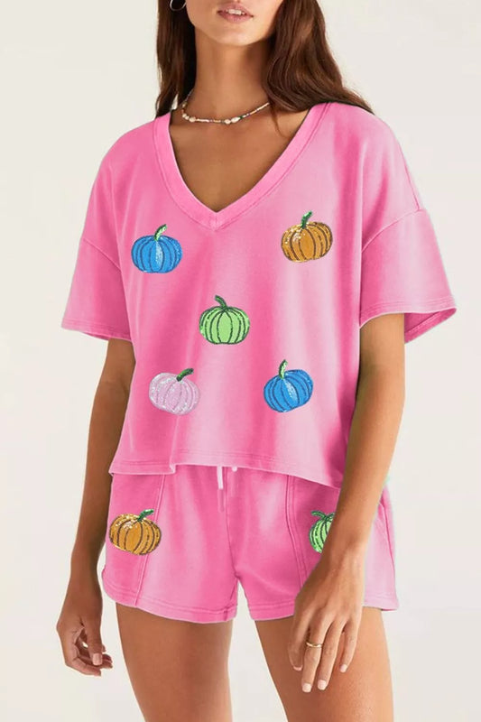 Sequin Halloween Pumpkin Pattern V Neck Tee and Drawstring Bottoms Casual Set
