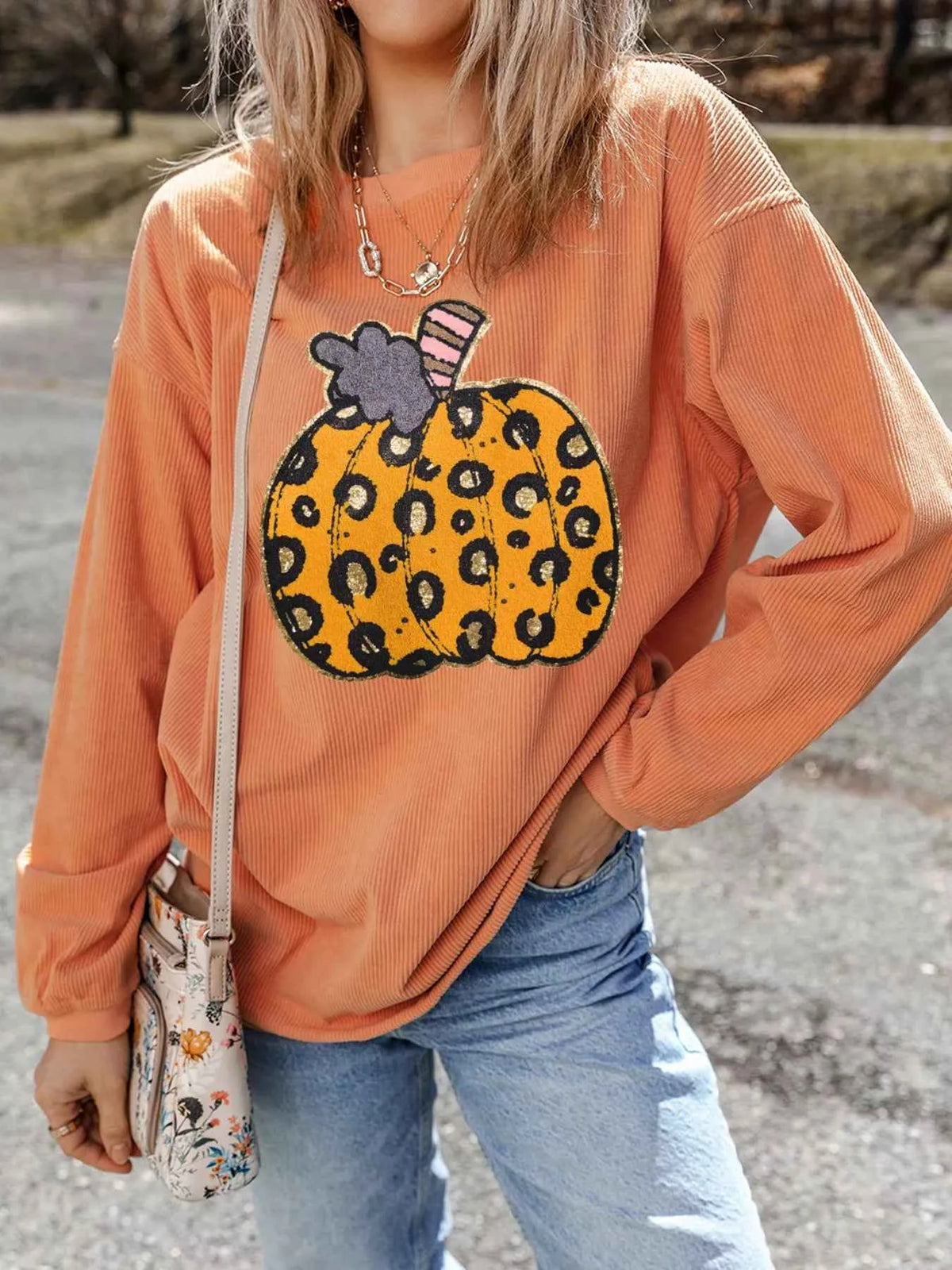 Halloween Leopard Pumpkin Patchwork Ribbed Sweatshirt