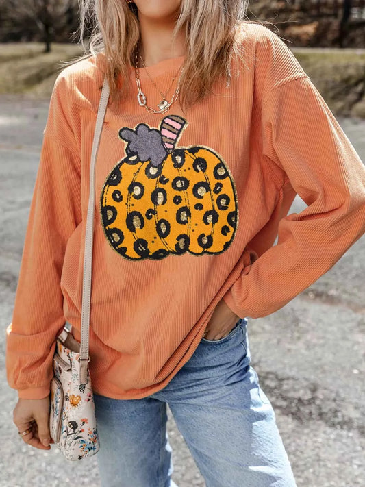 Halloween Leopard Pumpkin Patchwork Ribbed Sweatshirt