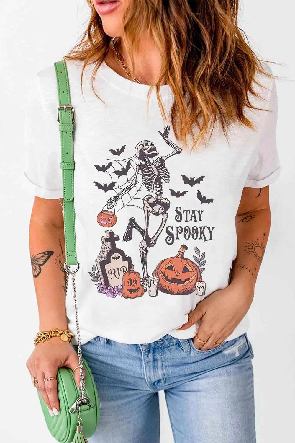 Full Size Skull Pumpkin Face STAY SPOOKY Graphic Halloween T Shirt Plus Size