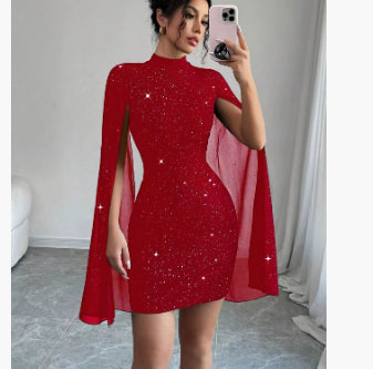 Women's Elegant Evening Party Dress with Pearl Chiffon Cape Sleeves