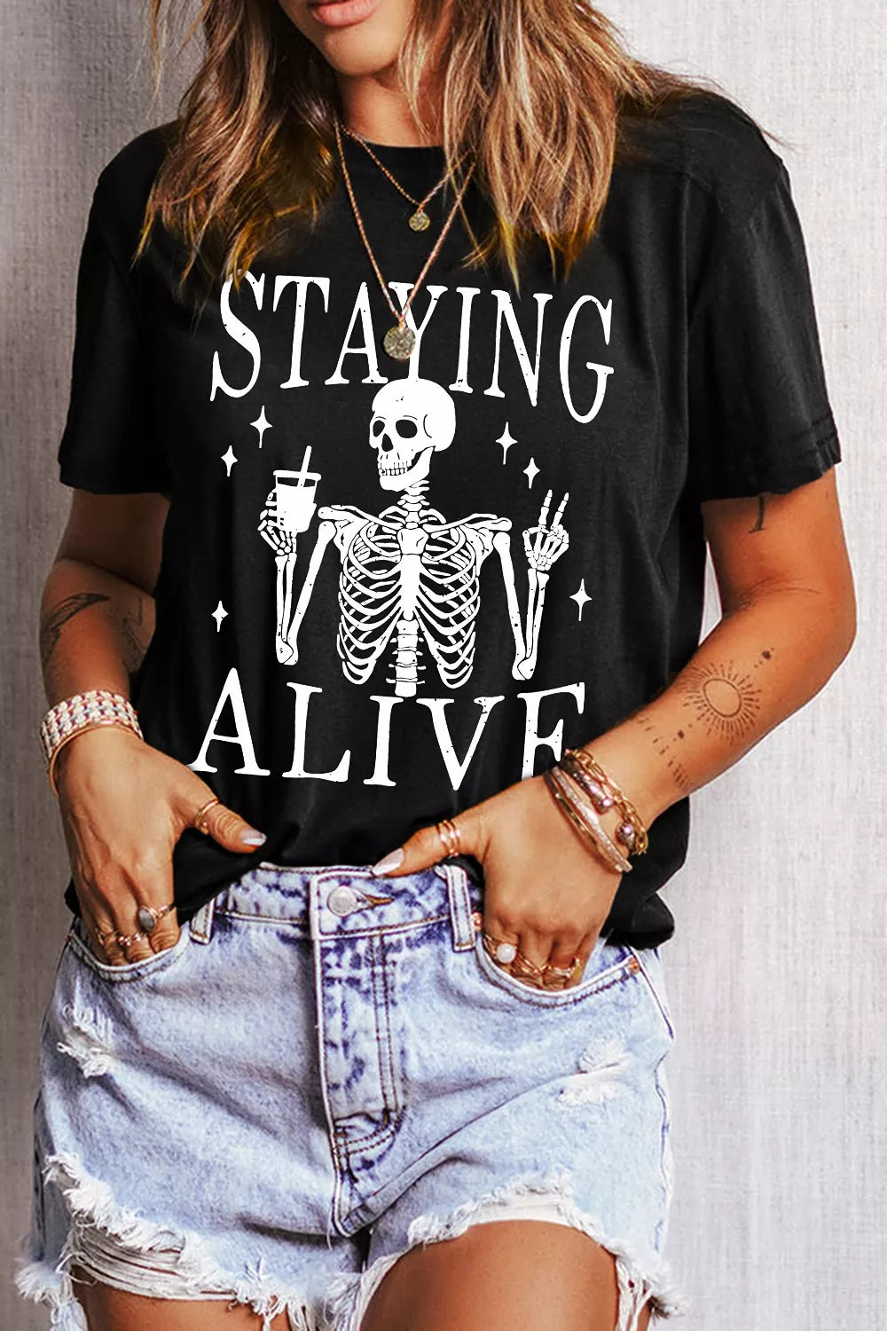 STAYING ALIVE Funny Skeleton Graphic Round Neck T Shirt
