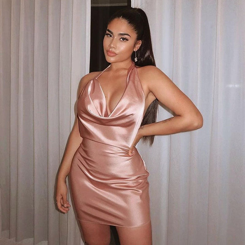 Satin V-Neck Backless Mini Party Dress