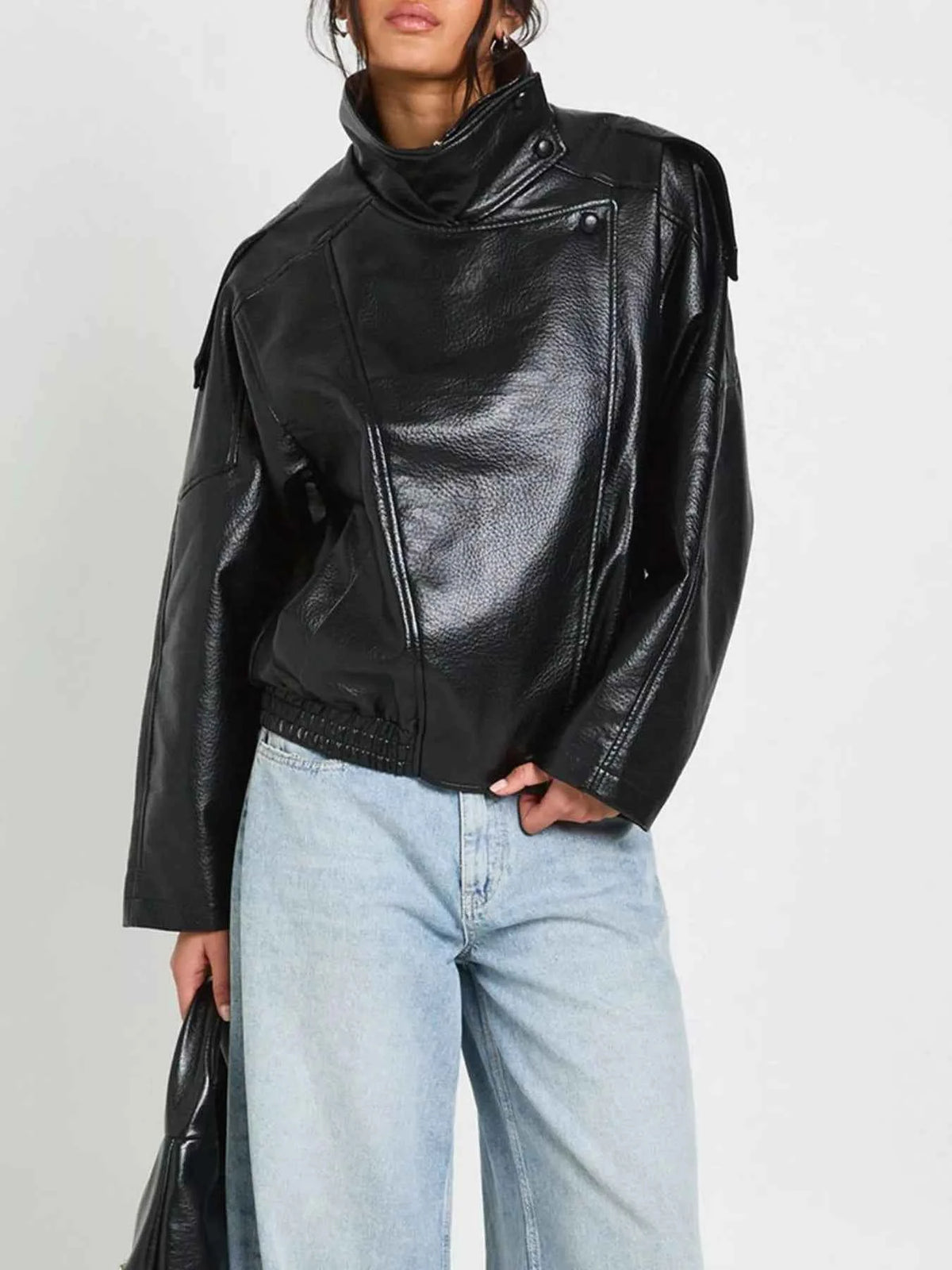 Faux Leather Moto Jacket with Asymmetrical Zip