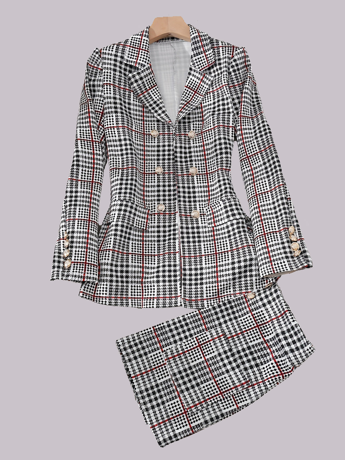 Women's Plaid Skirt Suit with Lapel Jacket