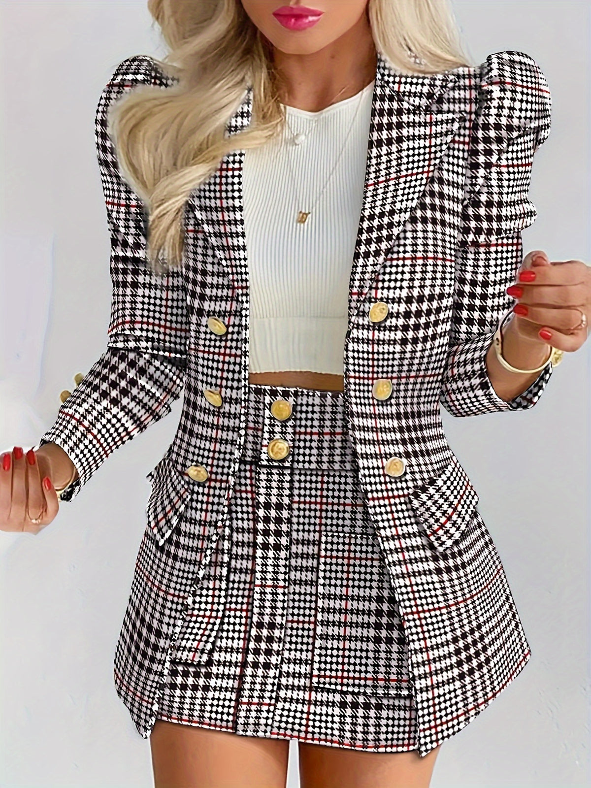 Women's Plaid Skirt Suit with Lapel Jacket