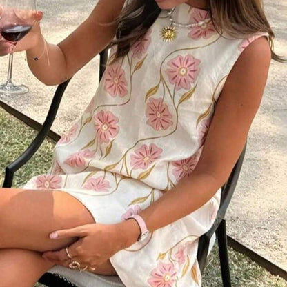 Fashionable Pink Floral Round Neck Sleeveless Vest Dress for Women Casual Summer Style