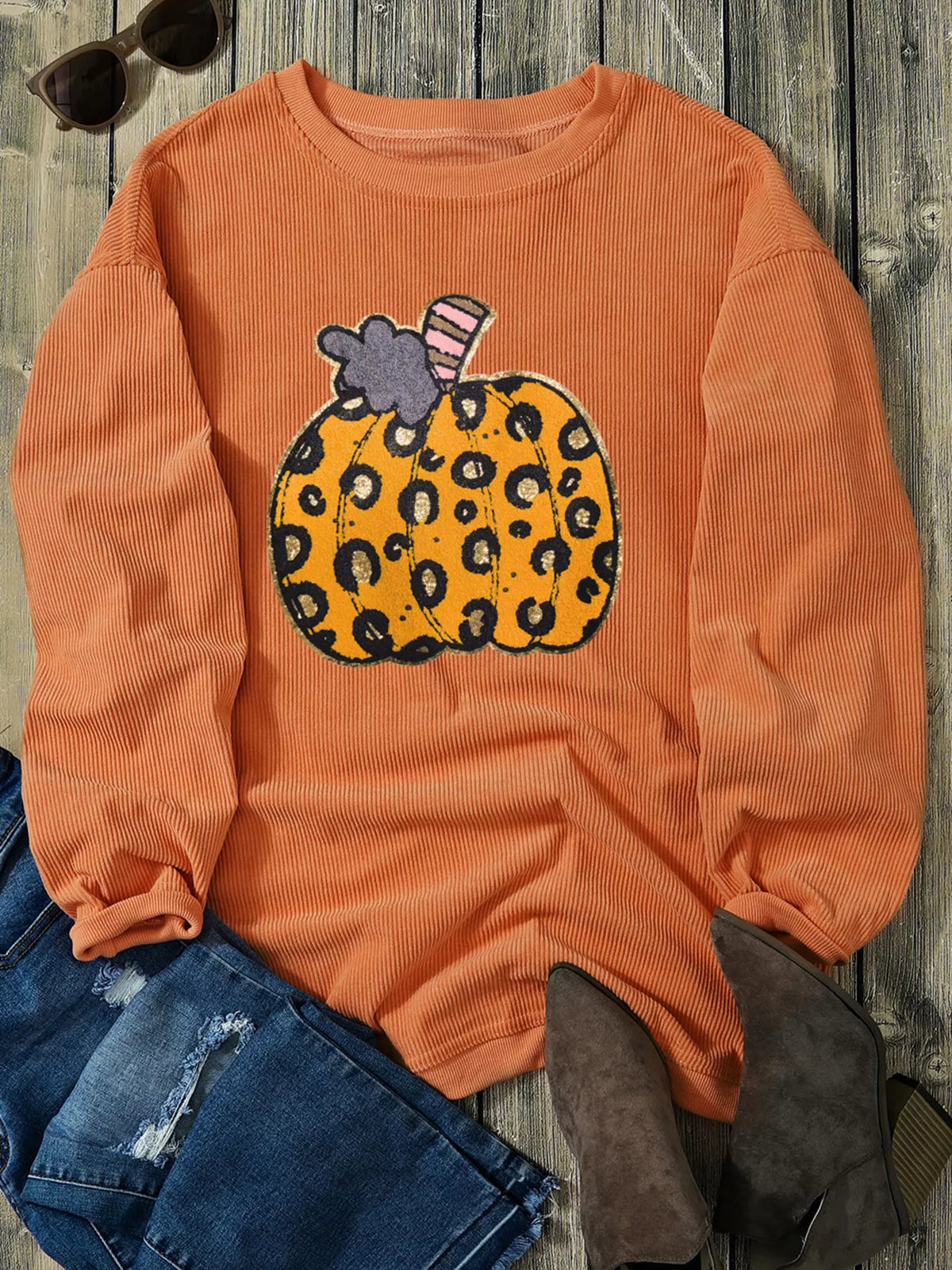 Halloween Leopard Pumpkin Patchwork Ribbed Sweatshirt