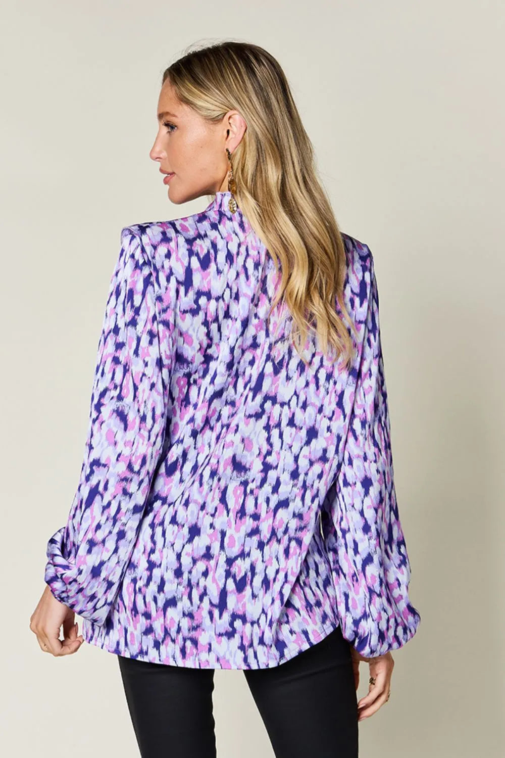 Double Take Full Size Printed Ruffle Trim Balloon Sleeve Shirt Plus Size