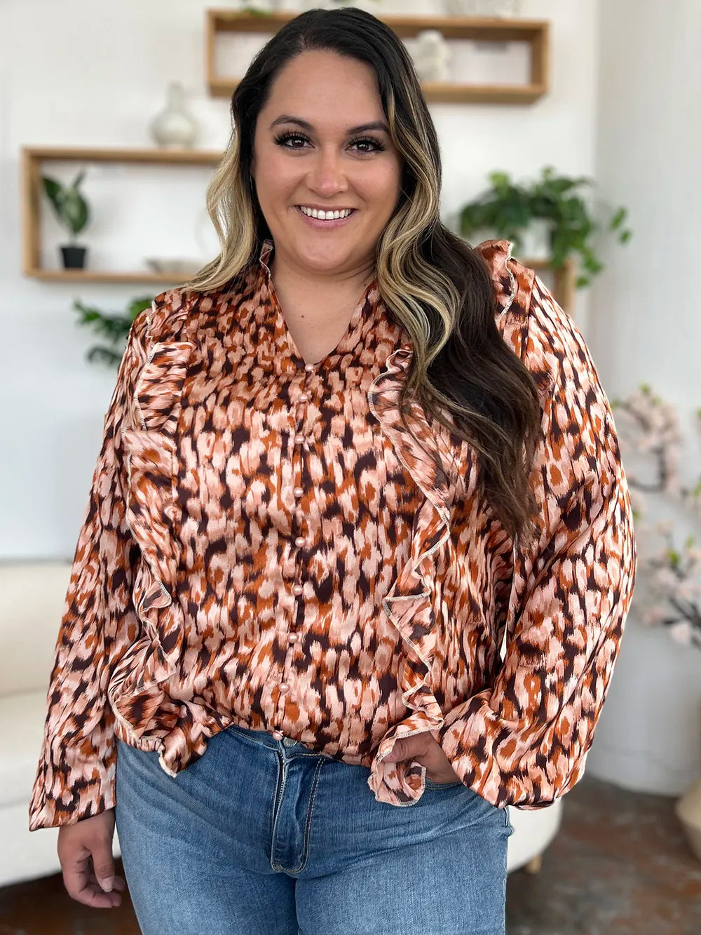 Double Take Full Size Printed Ruffle Trim Balloon Sleeve Shirt Plus Size