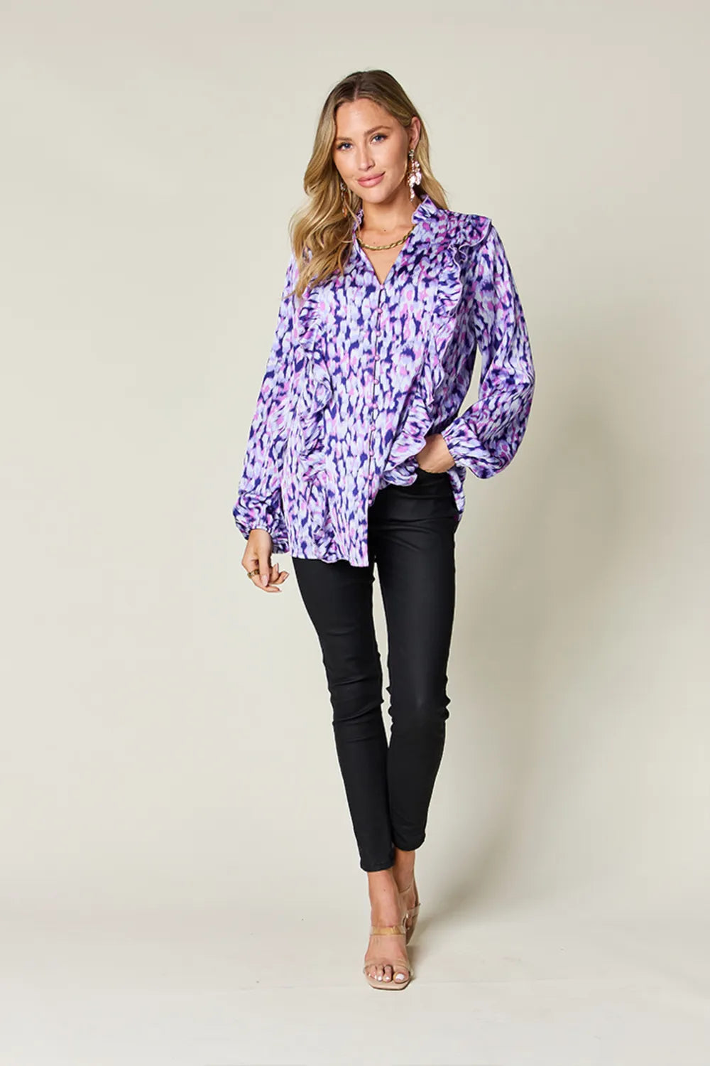 Double Take Full Size Printed Ruffle Trim Balloon Sleeve Shirt Plus Size