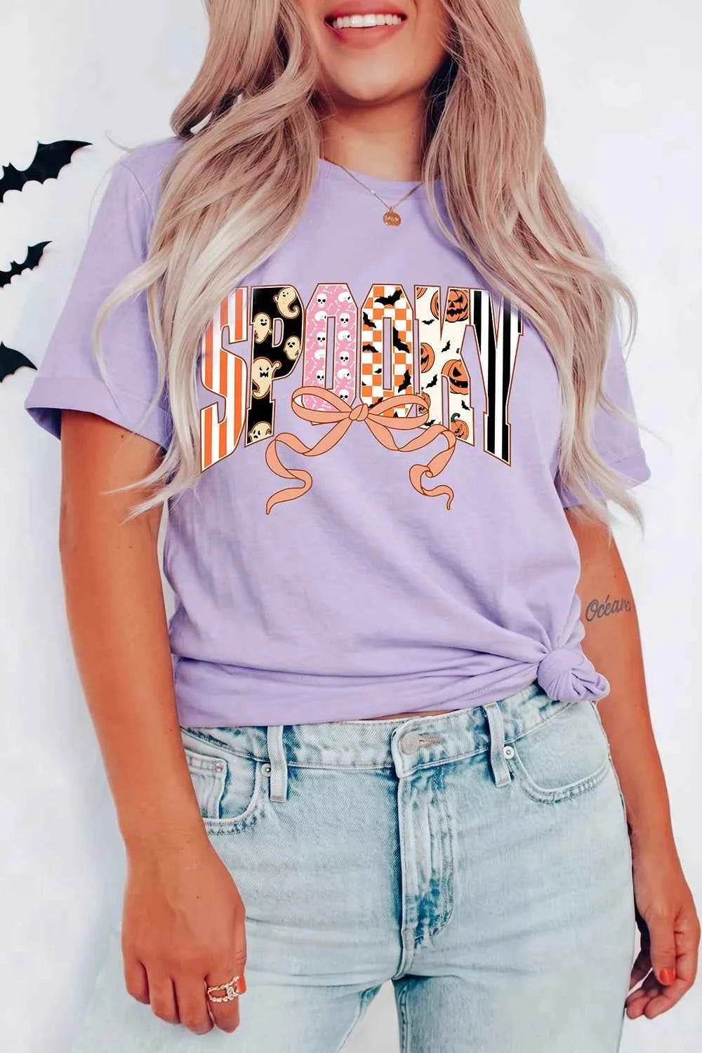 Halloween Spooky Letter Graphic Round Neck Casual T Shirt
