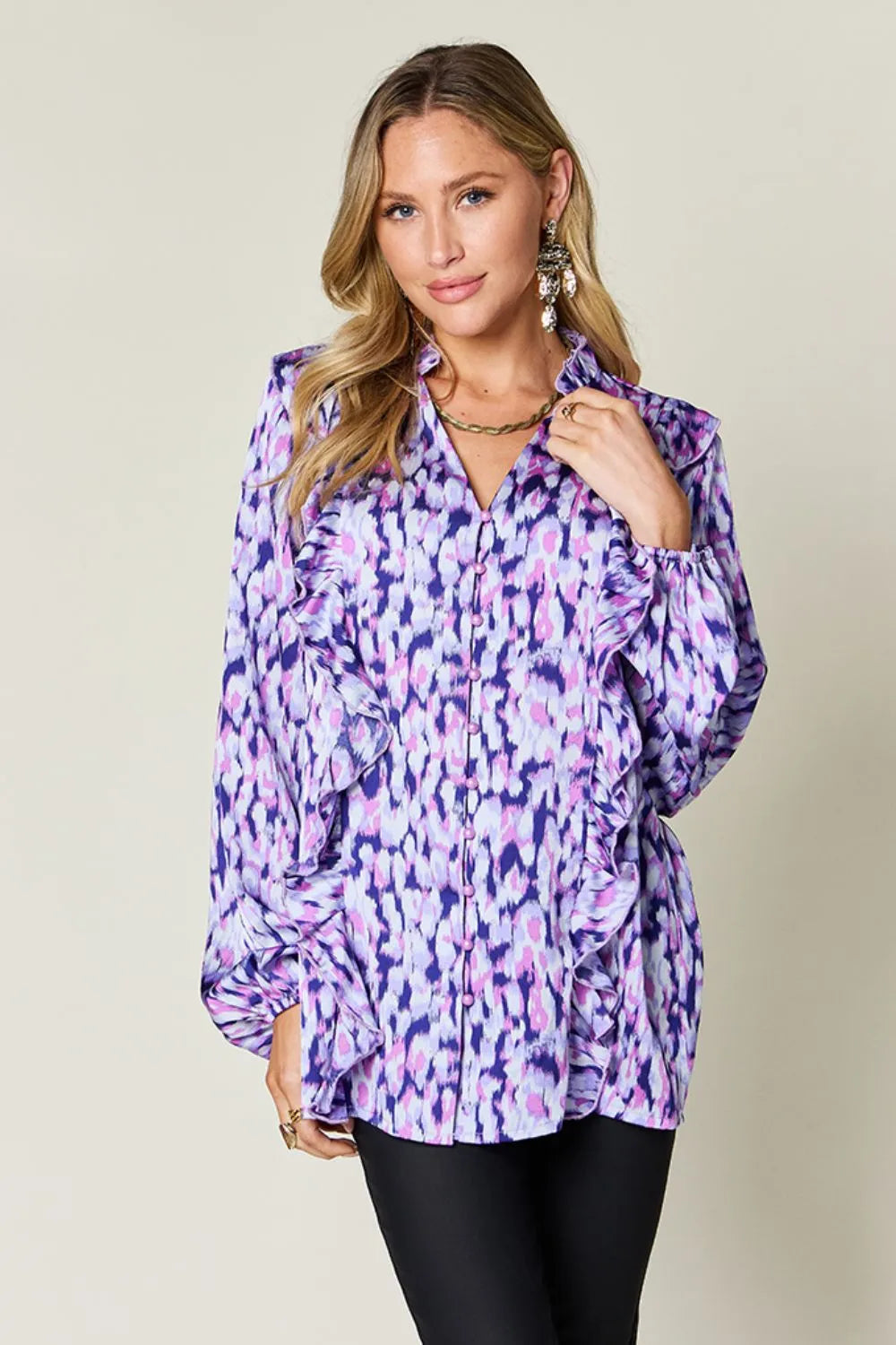 Double Take Full Size Printed Ruffle Trim Balloon Sleeve Shirt Plus Size