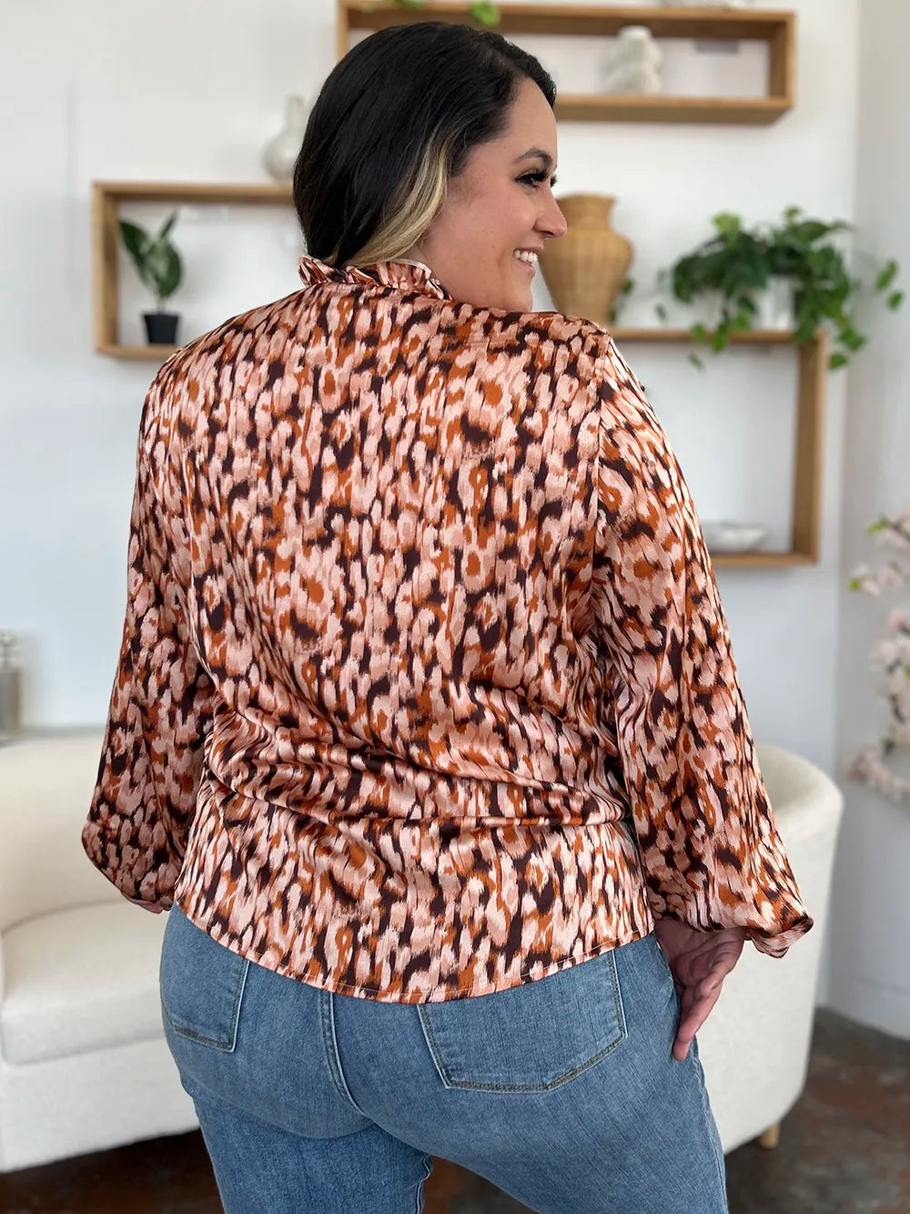 Double Take Full Size Printed Ruffle Trim Balloon Sleeve Shirt Plus Size