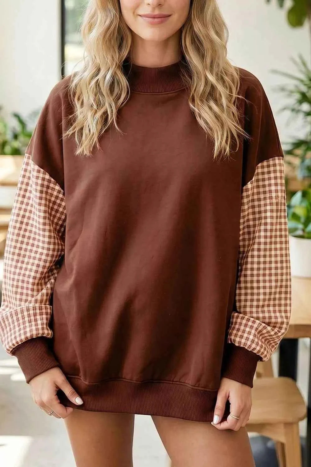 Plaid Sleeve Colorblock Loose Tunic Sweatshirt