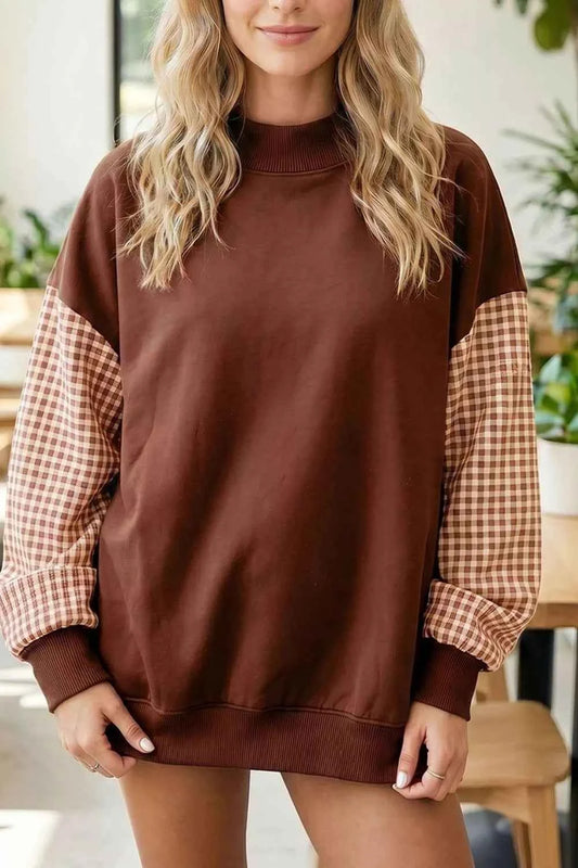 Plaid Sleeve Colorblock Loose Tunic Sweatshirt