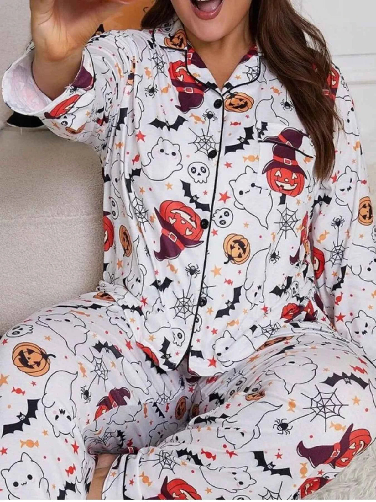 Plus Size Halloween Ghost and Pumpkin Print Top and Pants Lounge Set