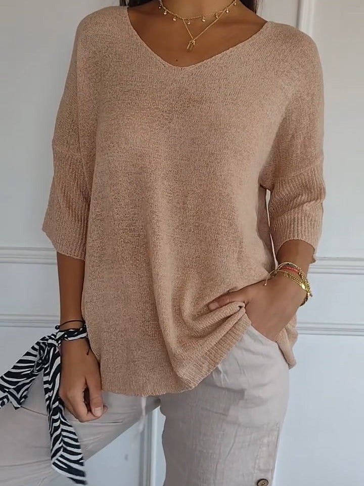 Women's Solid Long Sleeve V-Neck Knitwear