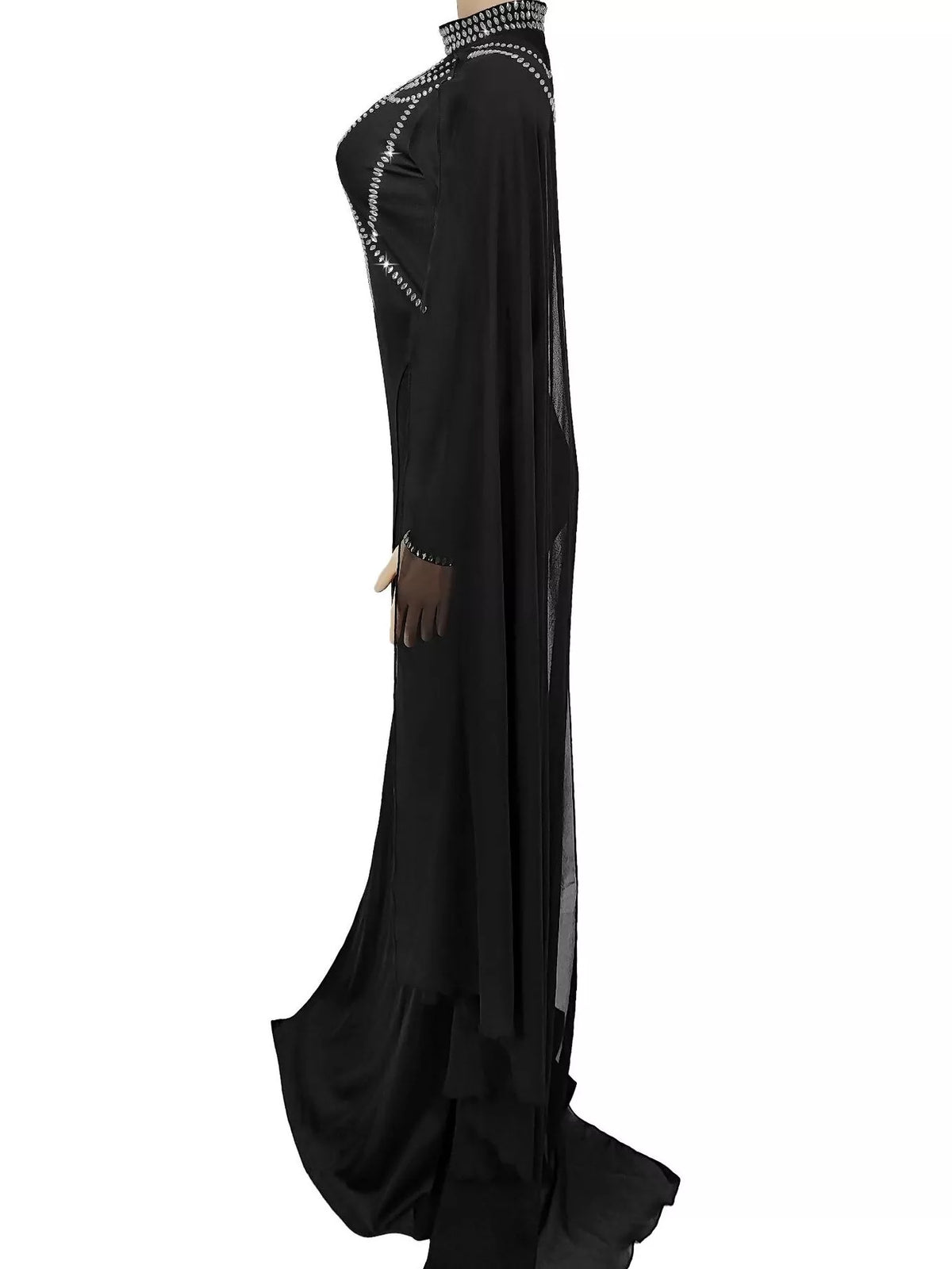 Rhinestone Slit Maxi Dress with Sheer Cape Sleeves