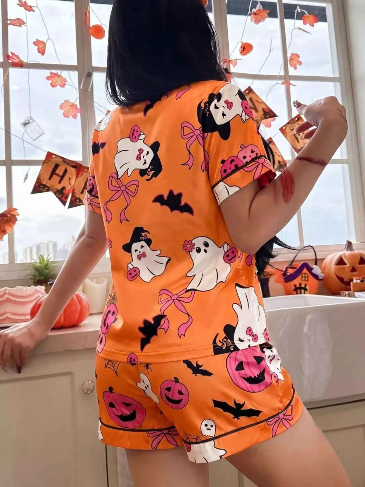 Halloween Ghost Print Button-Down Top and Shorts Lounge Set