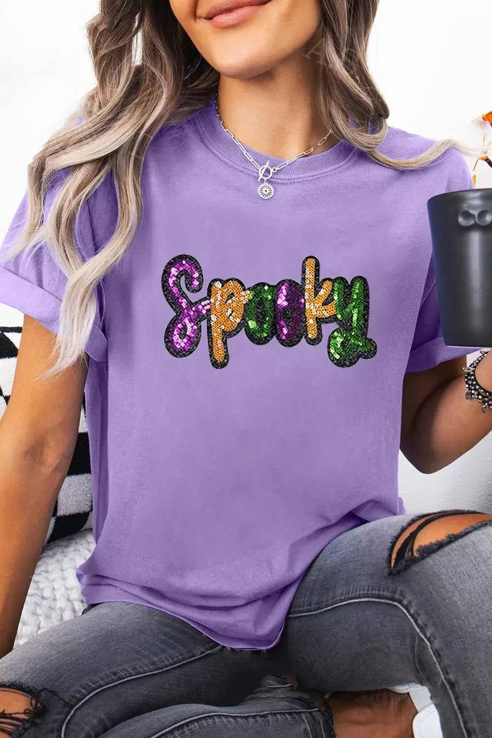 Full Size Spooky Sequin Letter Patched Cotton Blend T Shirt Plus Size