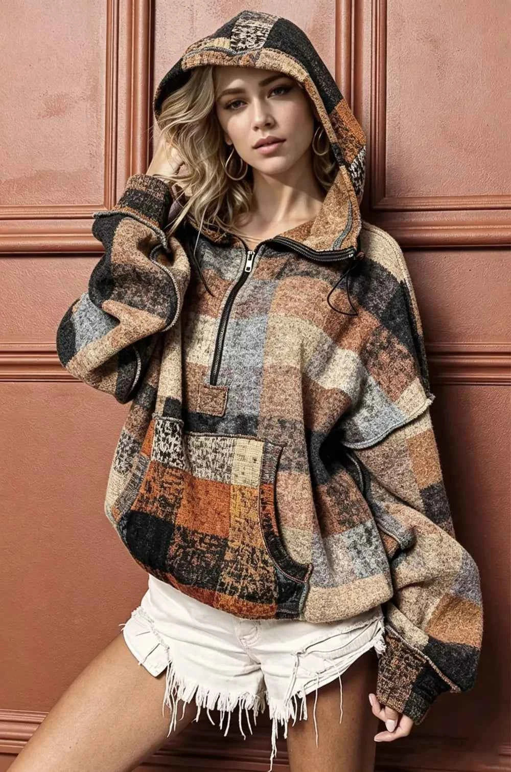 Double Take Full Size Half Zip Exposed Seam Fleece Hoodie