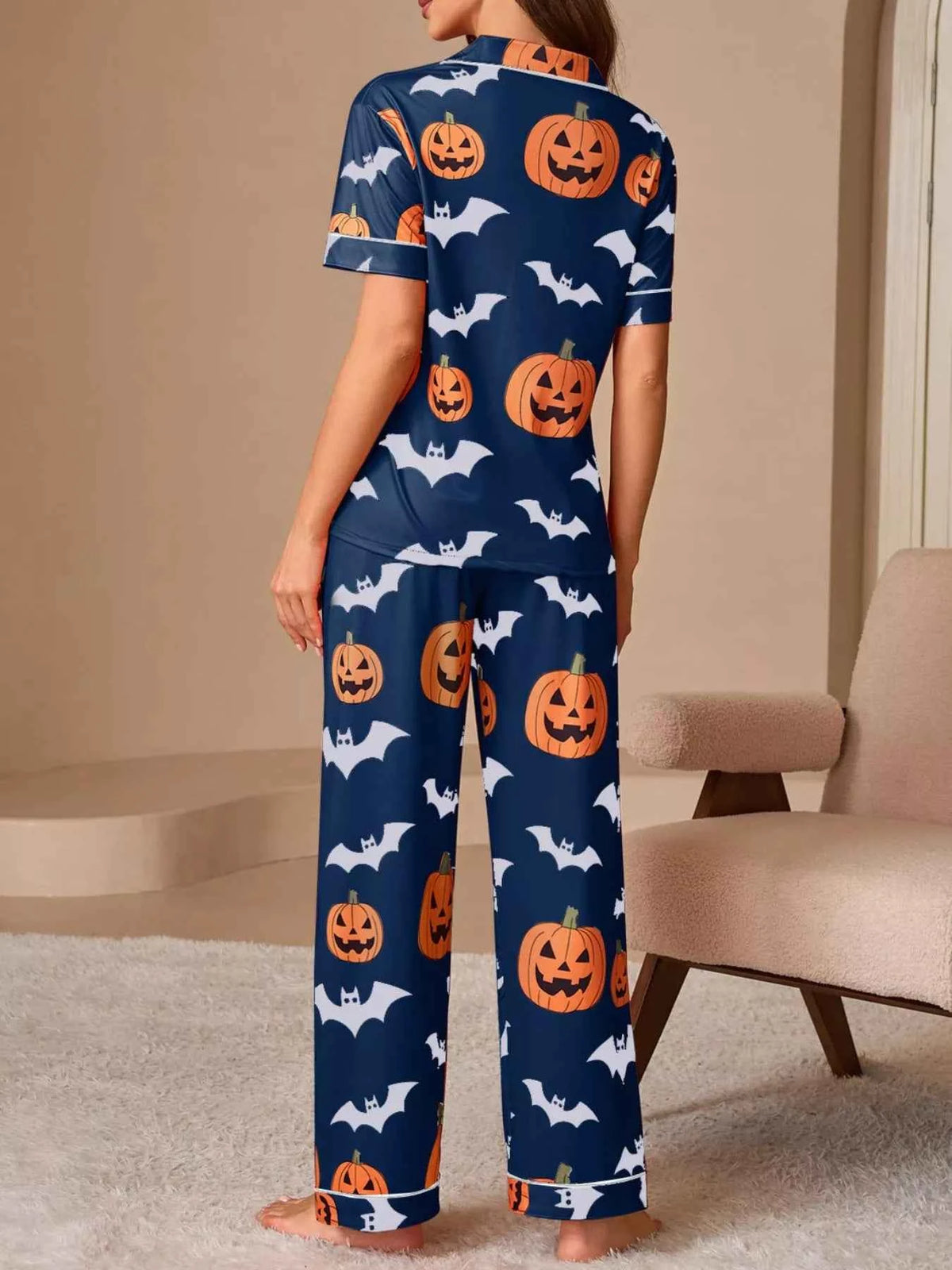 Halloween Pumpkin and Bat Print Button-Down Top and Pants Lounge Set
