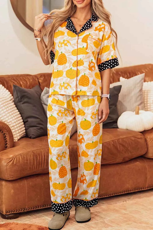 Short Sleeve Pumpkin Print Polka Dot Trim Pocket Placket Lounge Set