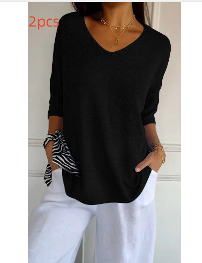 Women's Solid Long Sleeve V-Neck Knitwear