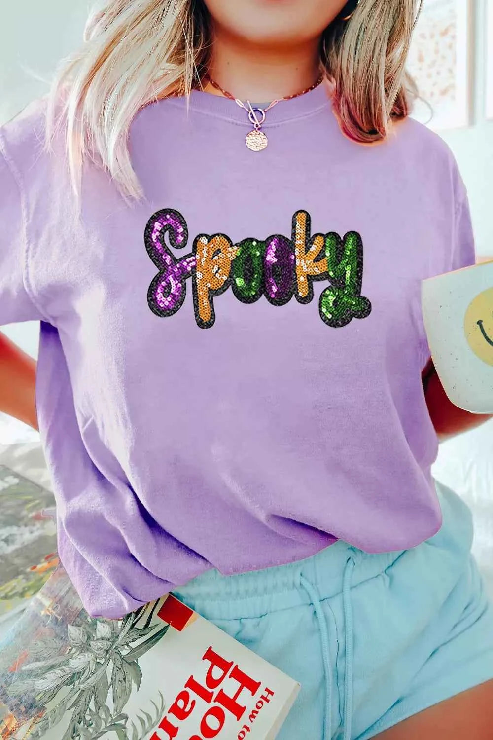 Full Size Spooky Sequin Letter Patched Cotton Blend T Shirt Plus Size