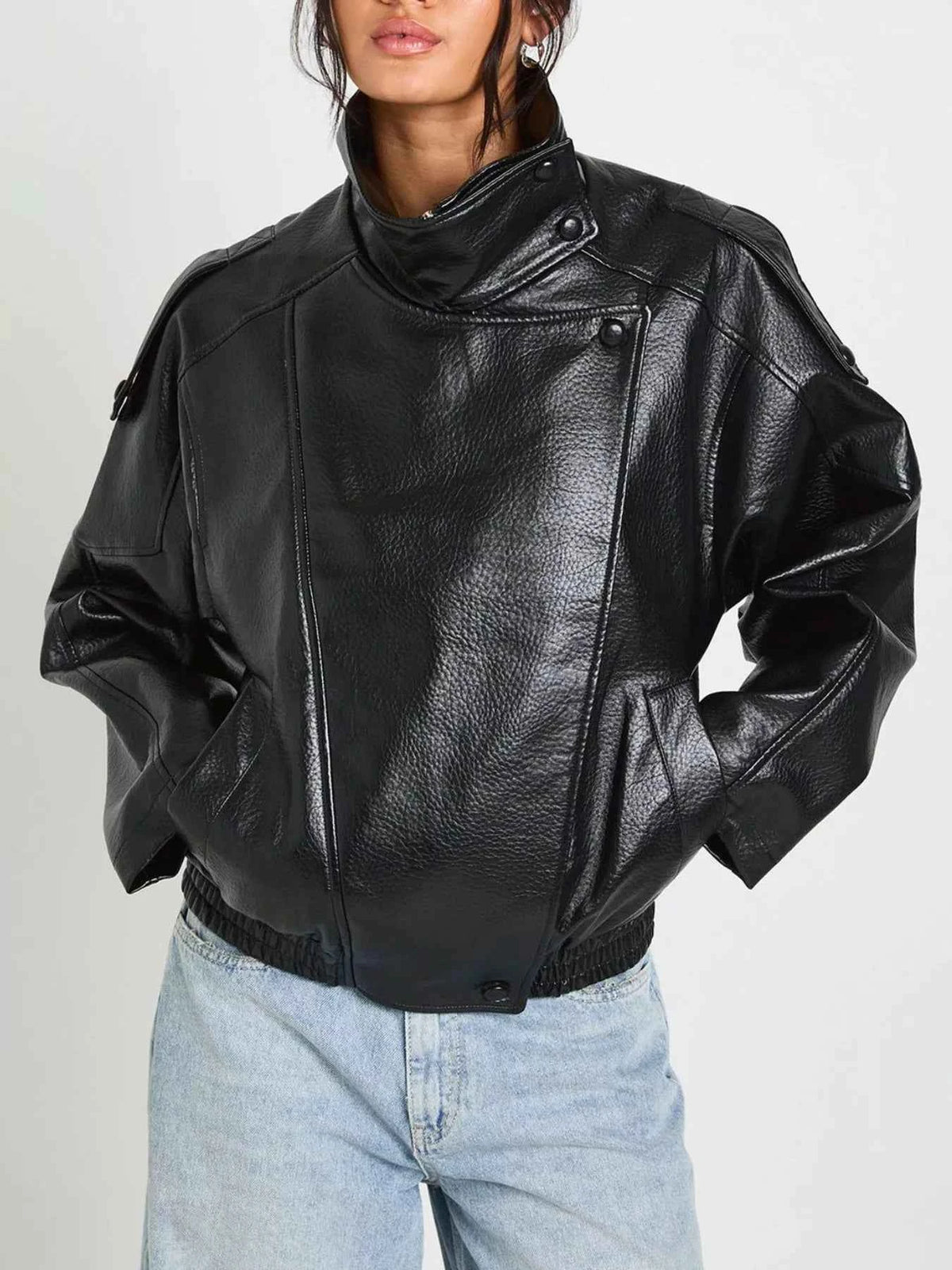 Faux Leather Moto Jacket with Asymmetrical Zip