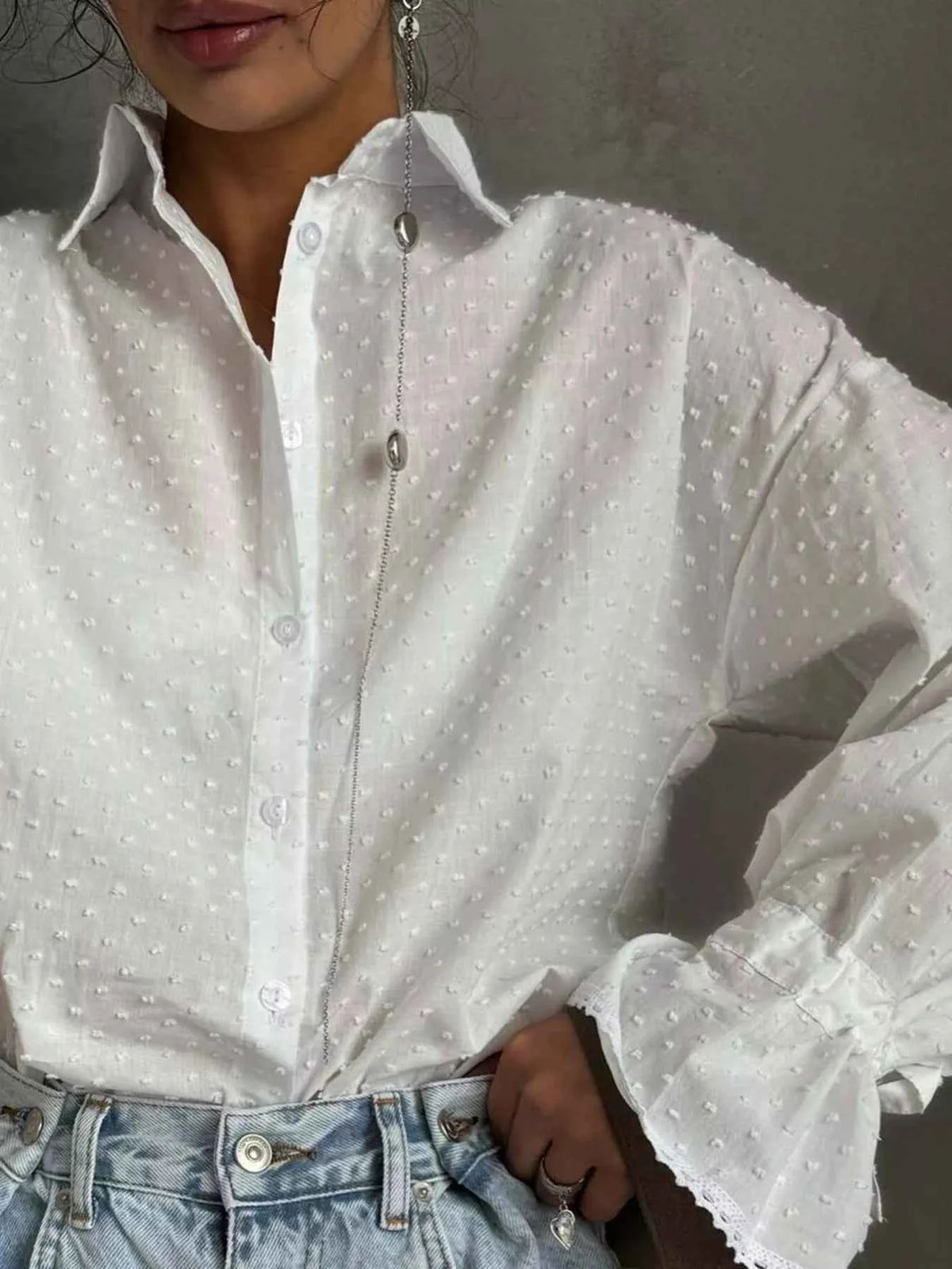 Swiss Dot Flounce Sleeve Shirt