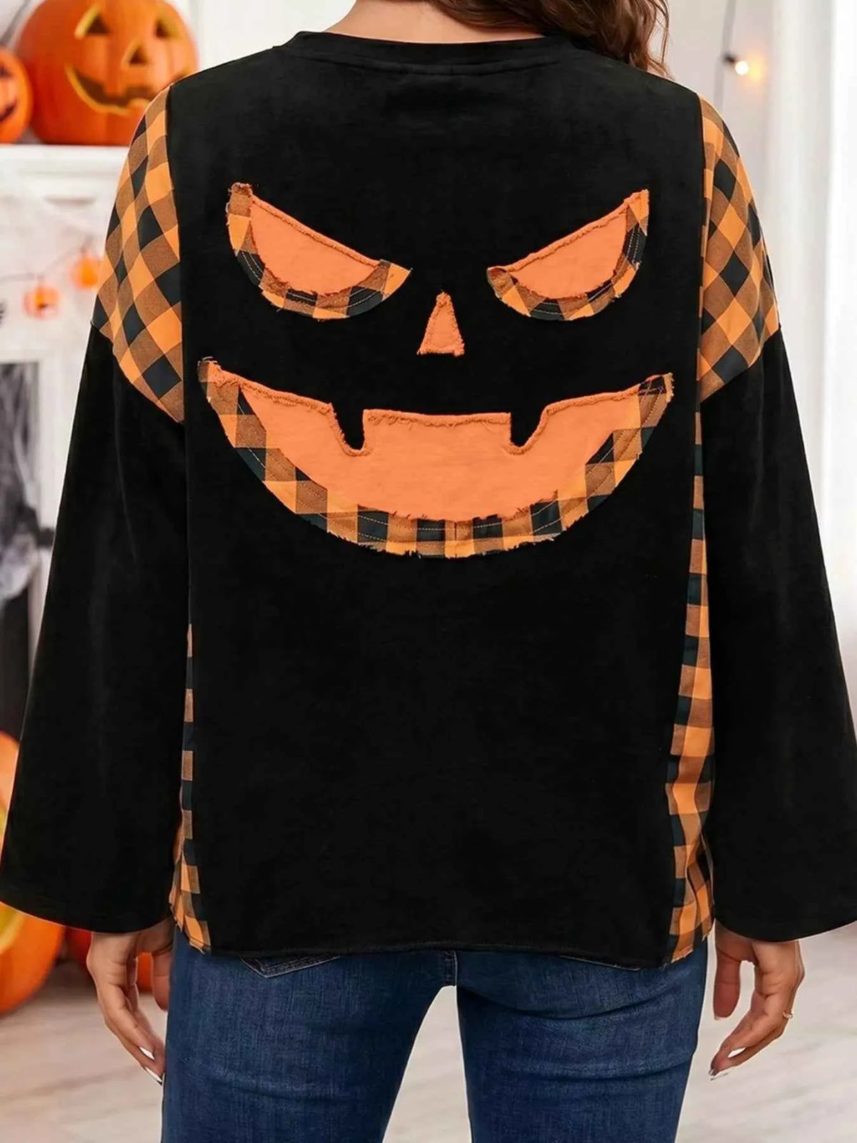 Patchwork Plaid Pumpkin Face Long Sleeve Top