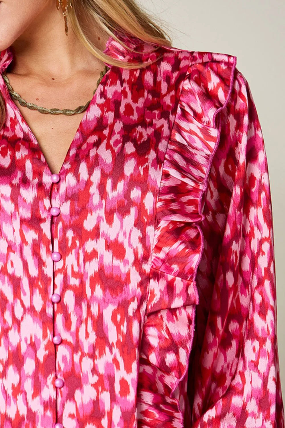 Double Take Full Size Printed Ruffle Trim Balloon Sleeve Shirt Plus Size