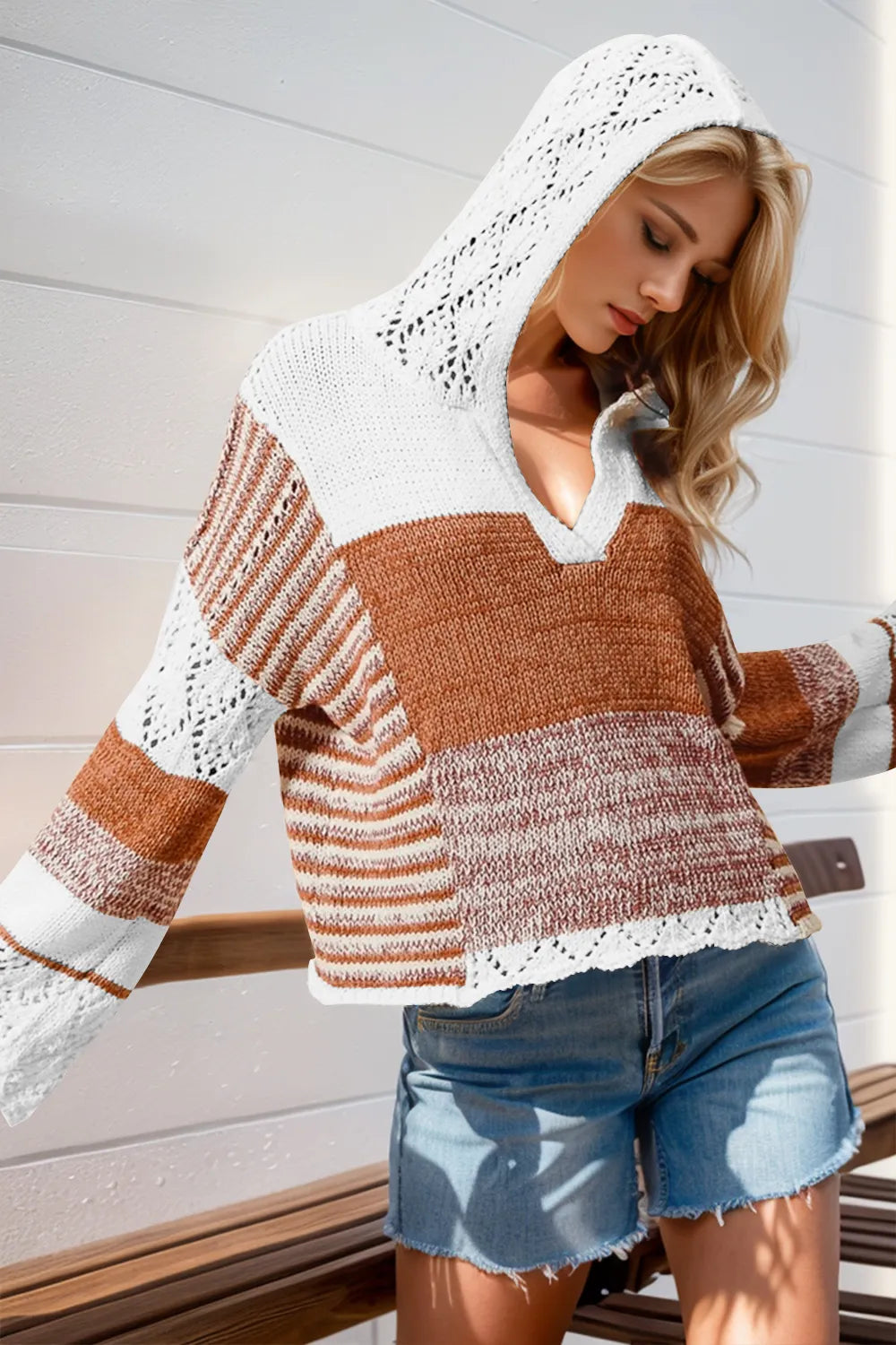 Double Take Full Size Openwork Contrast Long Sleeve Hooded Sweater Plus Size