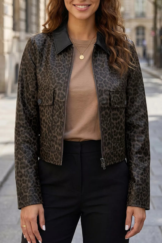 Leopard Print Cropped Faux Leather Jacket with Utility Pockets