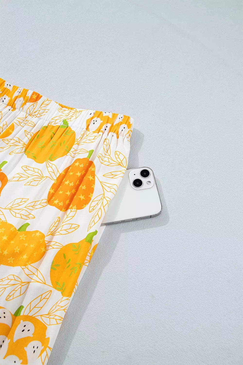 Short Sleeve Pumpkin Print Polka Dot Trim Pocket Placket Lounge Set